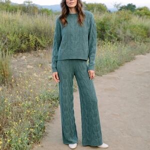 KILTE COLETTE CABLEKNIT 100% CASHMERE SWEATER/WIDE LEG PANTS SET SAGE GREEN M/2